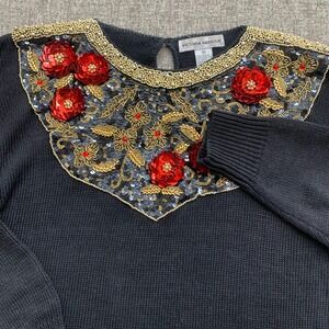 VTG Victoria Harbour Black Beaded Floral Collar Sweater Womens‎ M Ramie Cotton